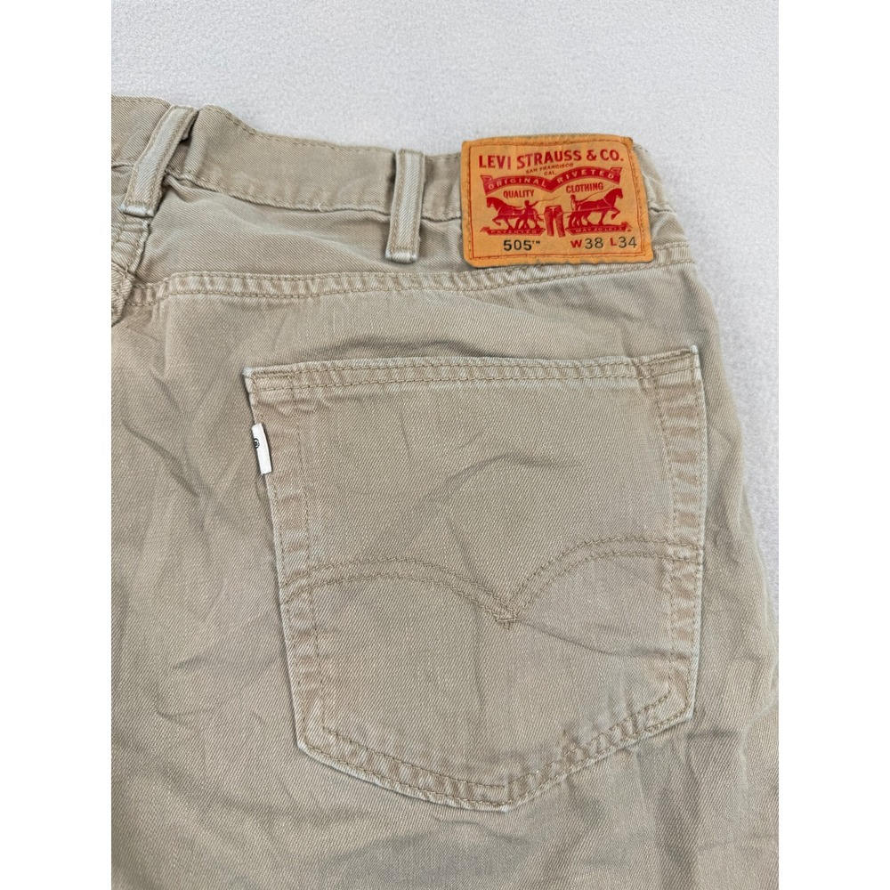 Distressed Levis 505 Regular Fit Khaki Tan Cotton Jeans Mens 38x34 (38x33) - Picture 5 of 13